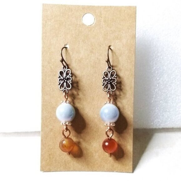 Mid-Length Dangle Earrings: Copper + Ceramic + Agate Beads! Casual Boho Chic! - Picture 1 of 6